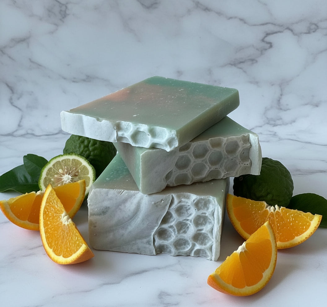 Stack of soap bars with citrus fruits on a marble surface
