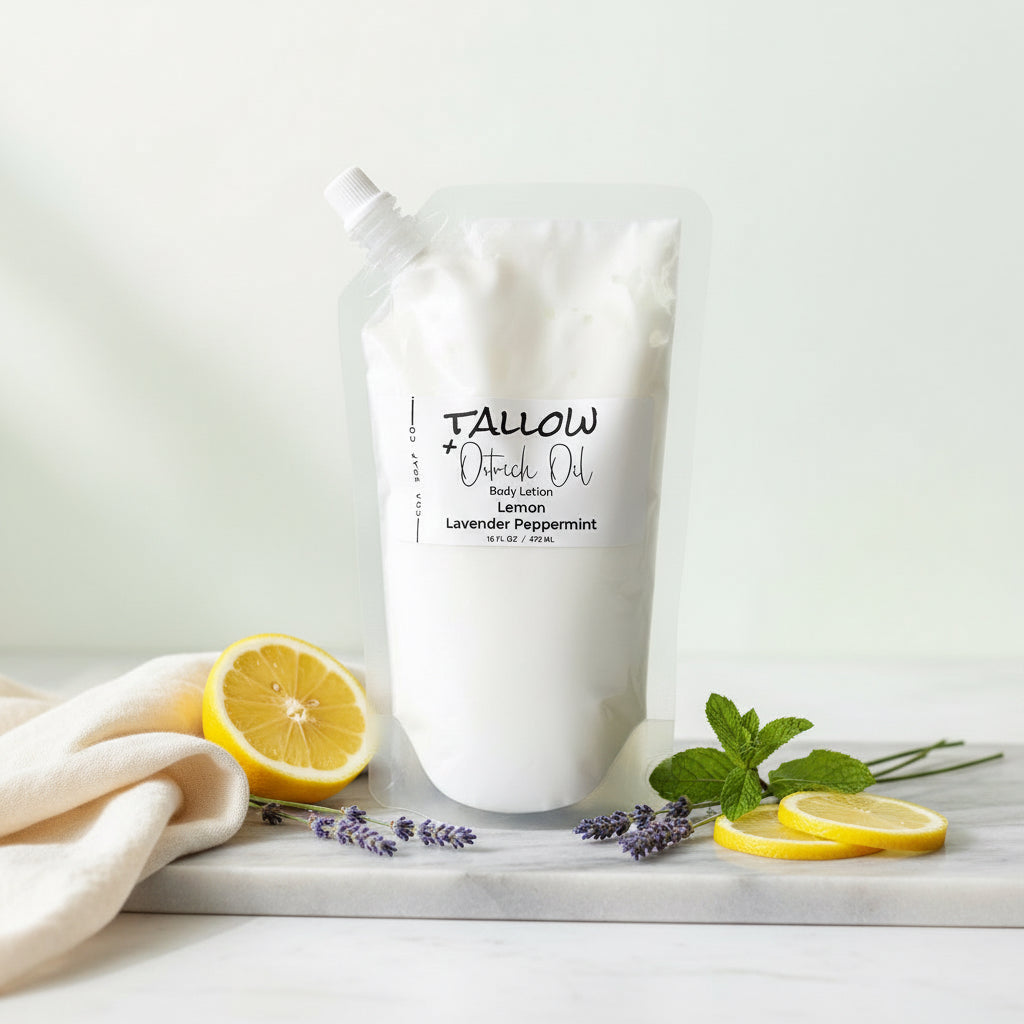 White body lotion pouch with lavender and peppermint on a light surface