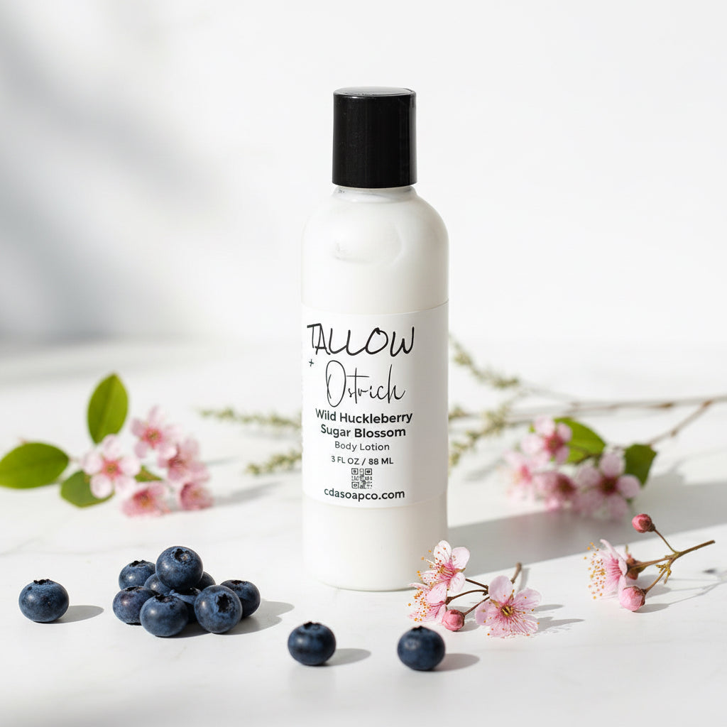 Body lotion bottle with huckleberries and flowers on a light background