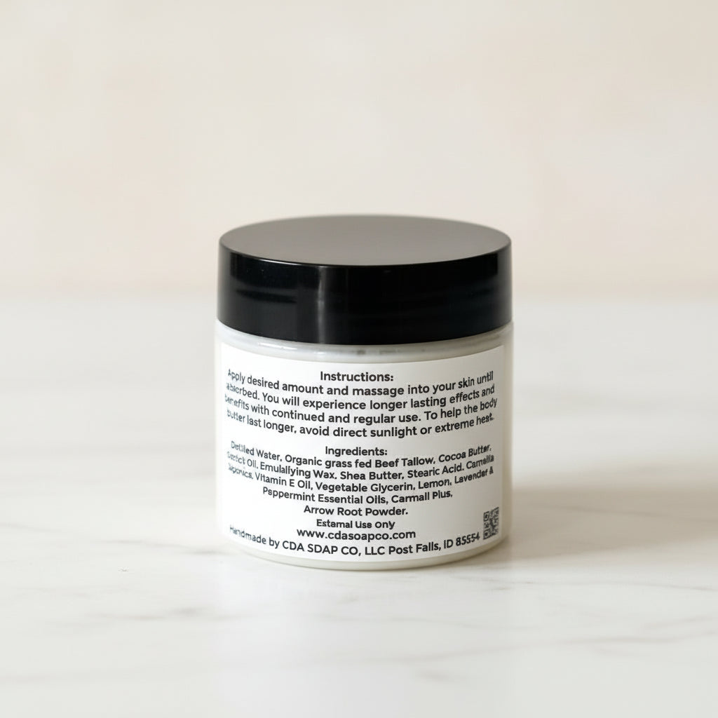 Jar with black lid and white label on a wooden surface