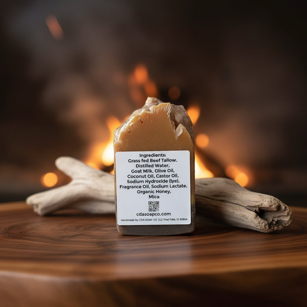 Bar of soap with a label in front of a warm, blurred background