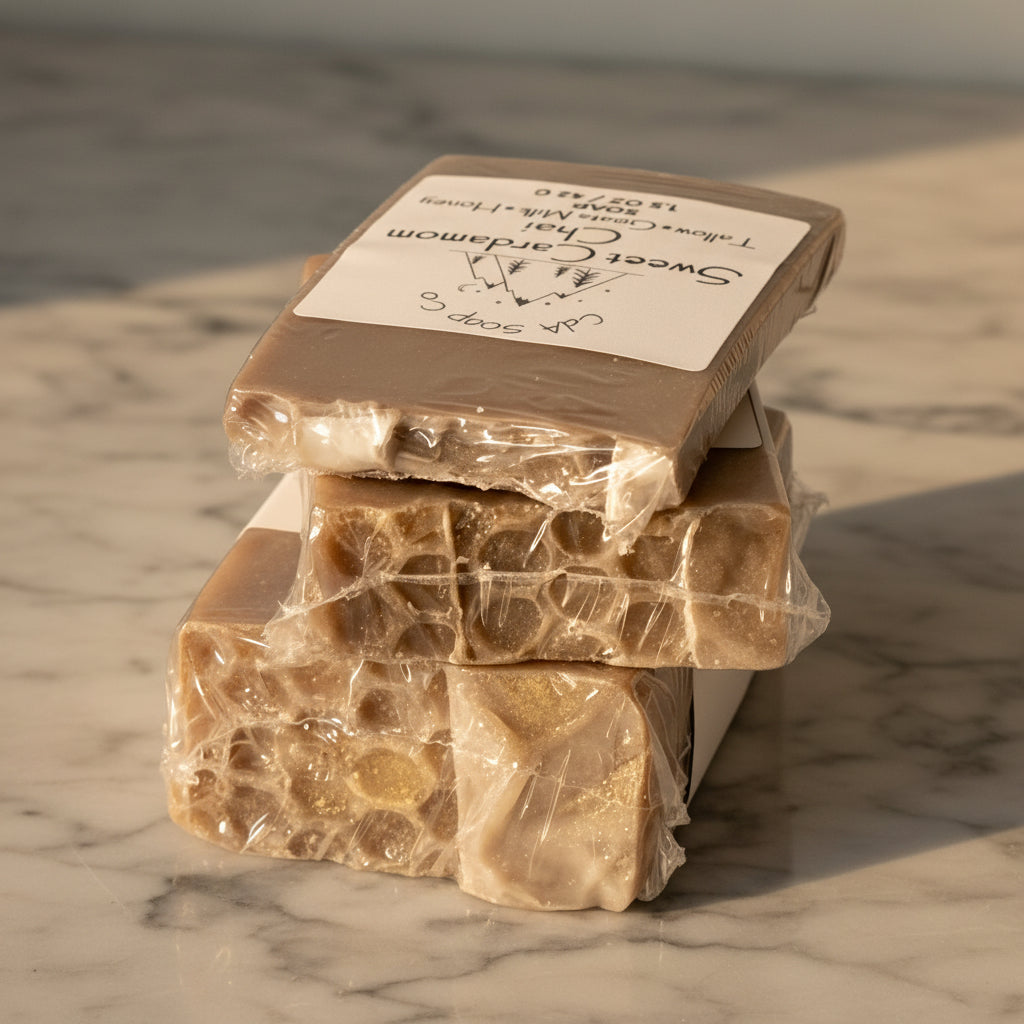 Stack of wrapped soap bars with a visible label on a marble surface