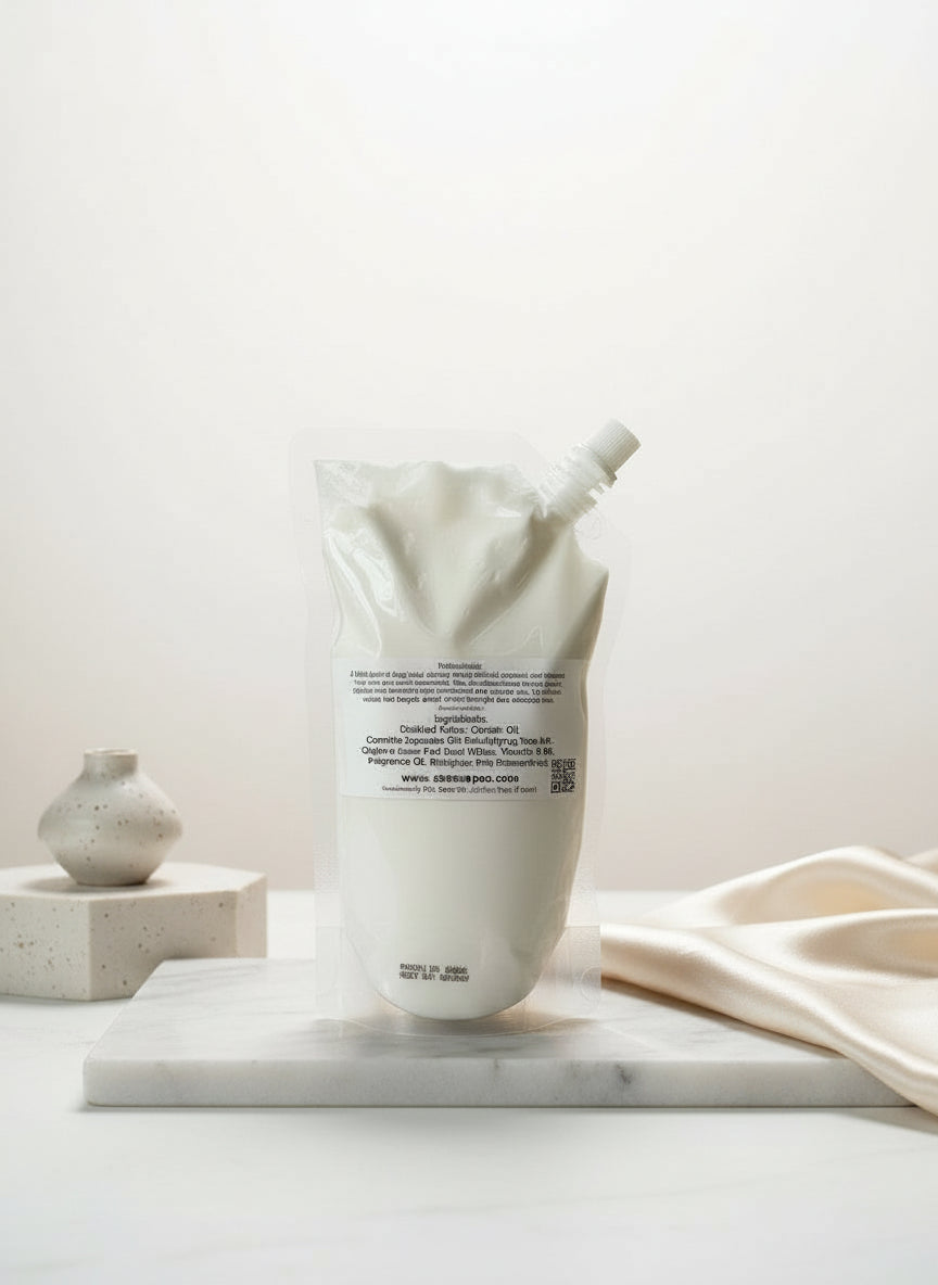 White pouch with text on a marble platform