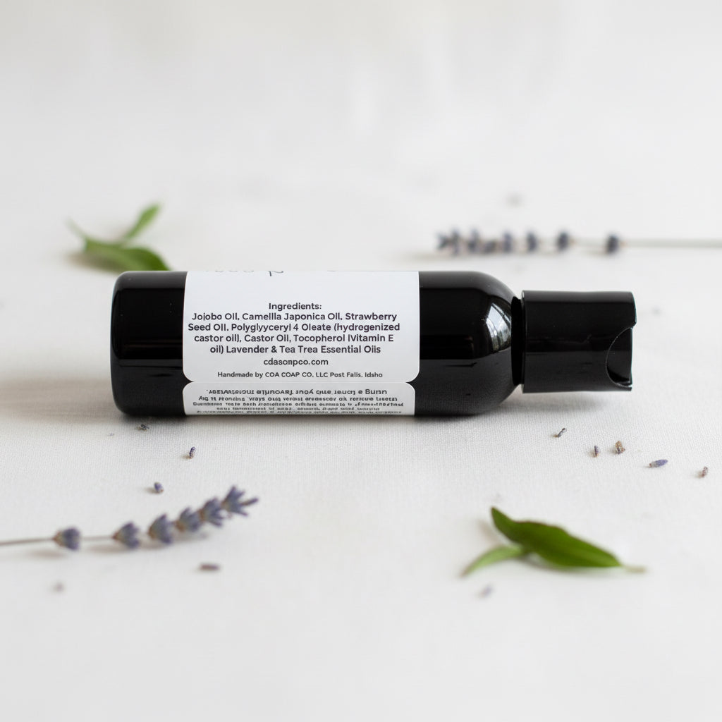 Black bottle with a label on a white background with lavender and green leaves.