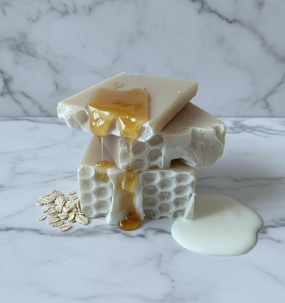 White honeycomb-shaped soap with honey on a marble surface