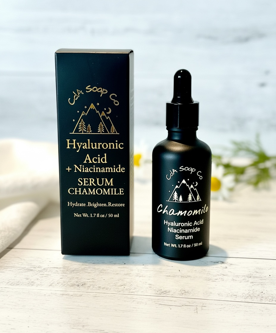 Hyaluronic Acid + Niacinamide chamomile Serum with packaging on a light wooden surface