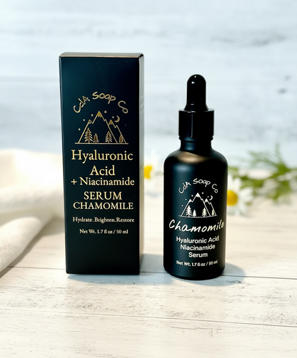 Hyaluronic Acid + Niacinamide chamomile Serum with packaging on a light wooden surface