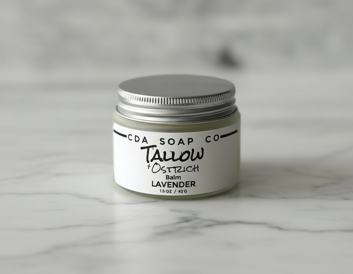 Jar of CDA Soap Co Tallow & Ostrich Balm on a gray background