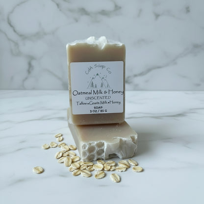 Bar of soap with oatmeal on a marble background