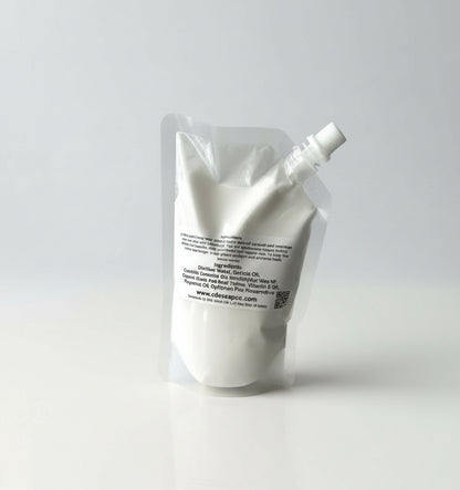 White pouch with a label on a white background 