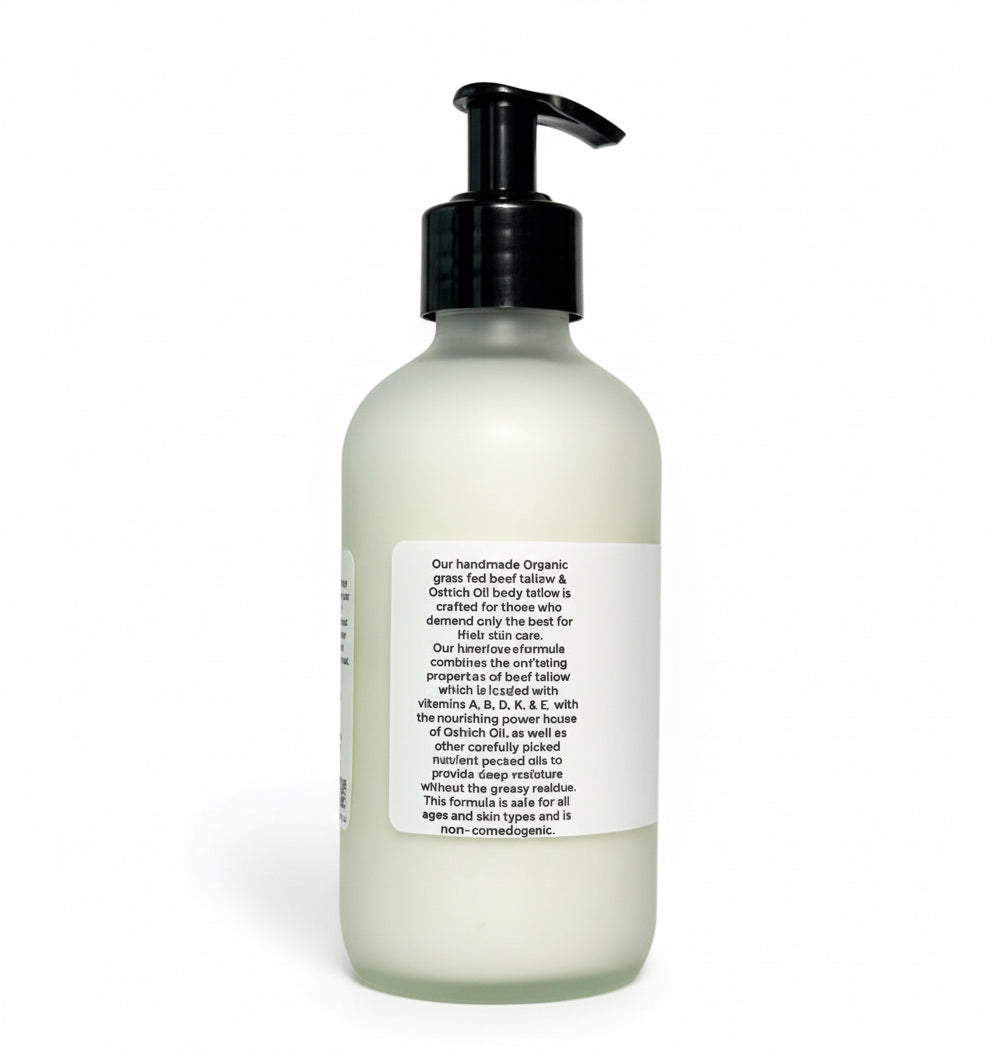 Handmade organic body lotion bottle with pump on a white background