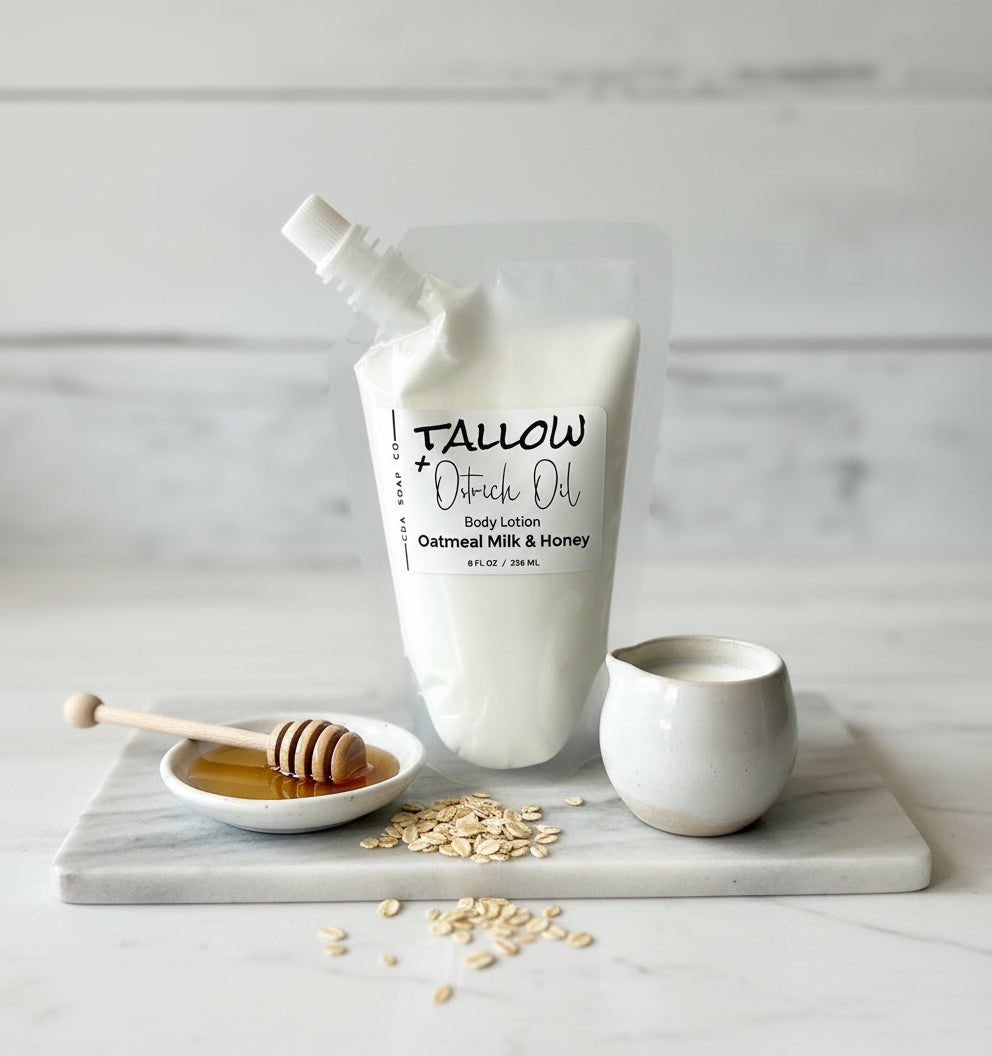 Body lotion with honey and oats on a marble board