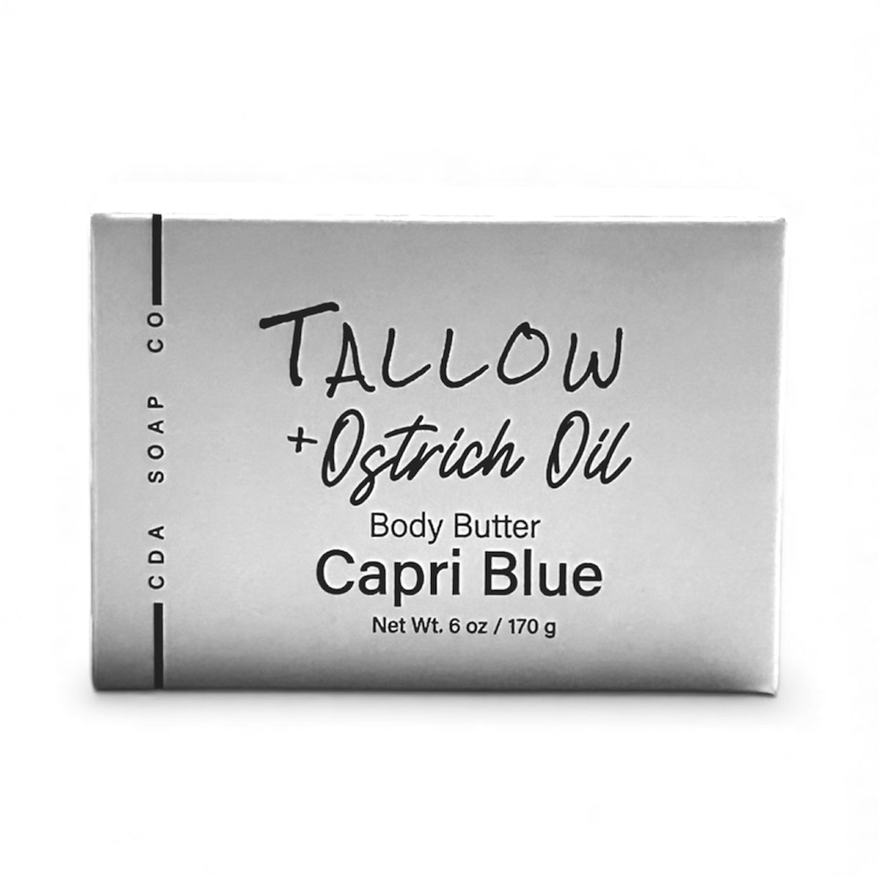 Body butter bar with 'Tallow + Ostrich Oil' and 'Capri Blue' branding on a white background