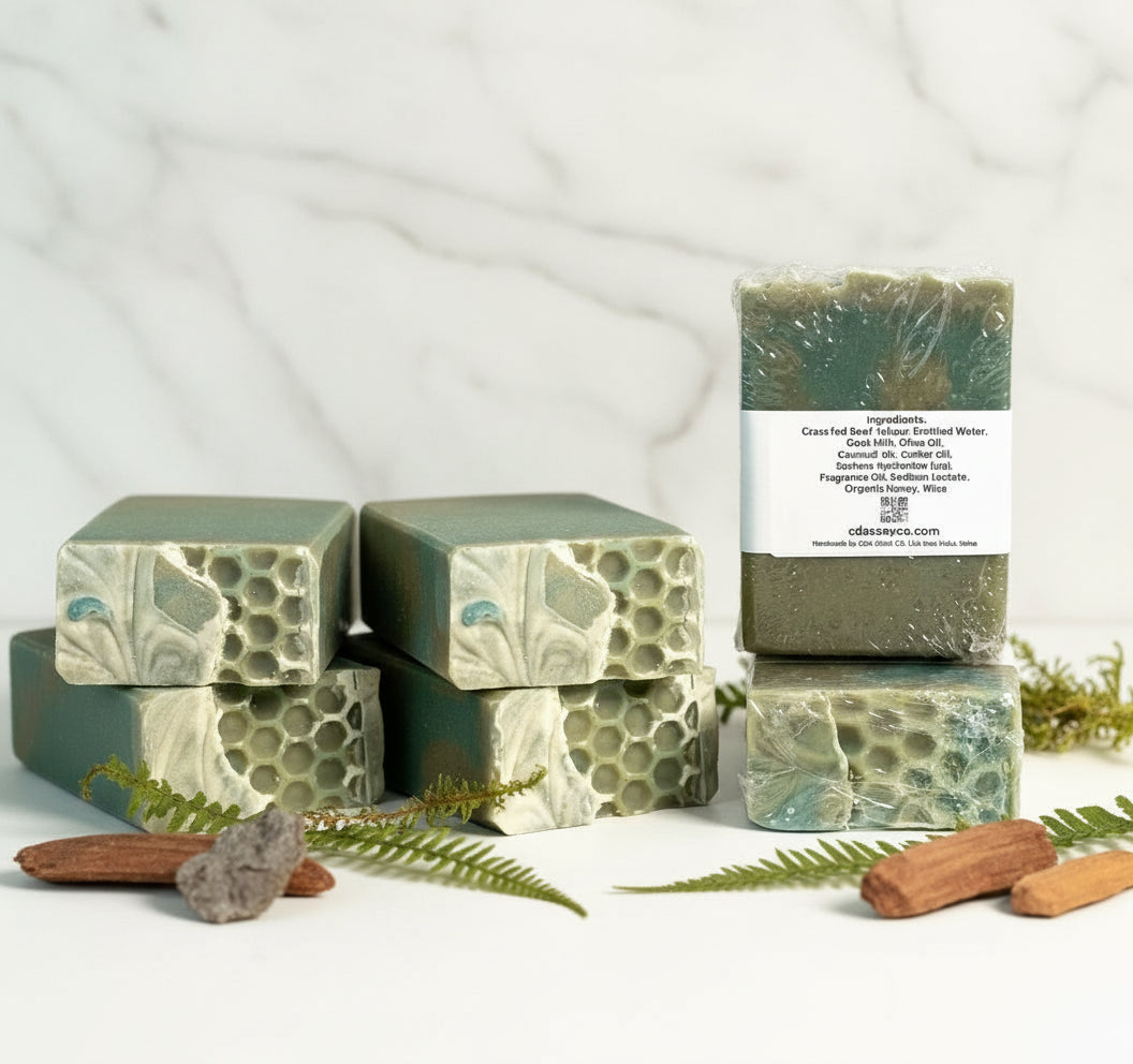 Three bars of soap with a visible label on a light background