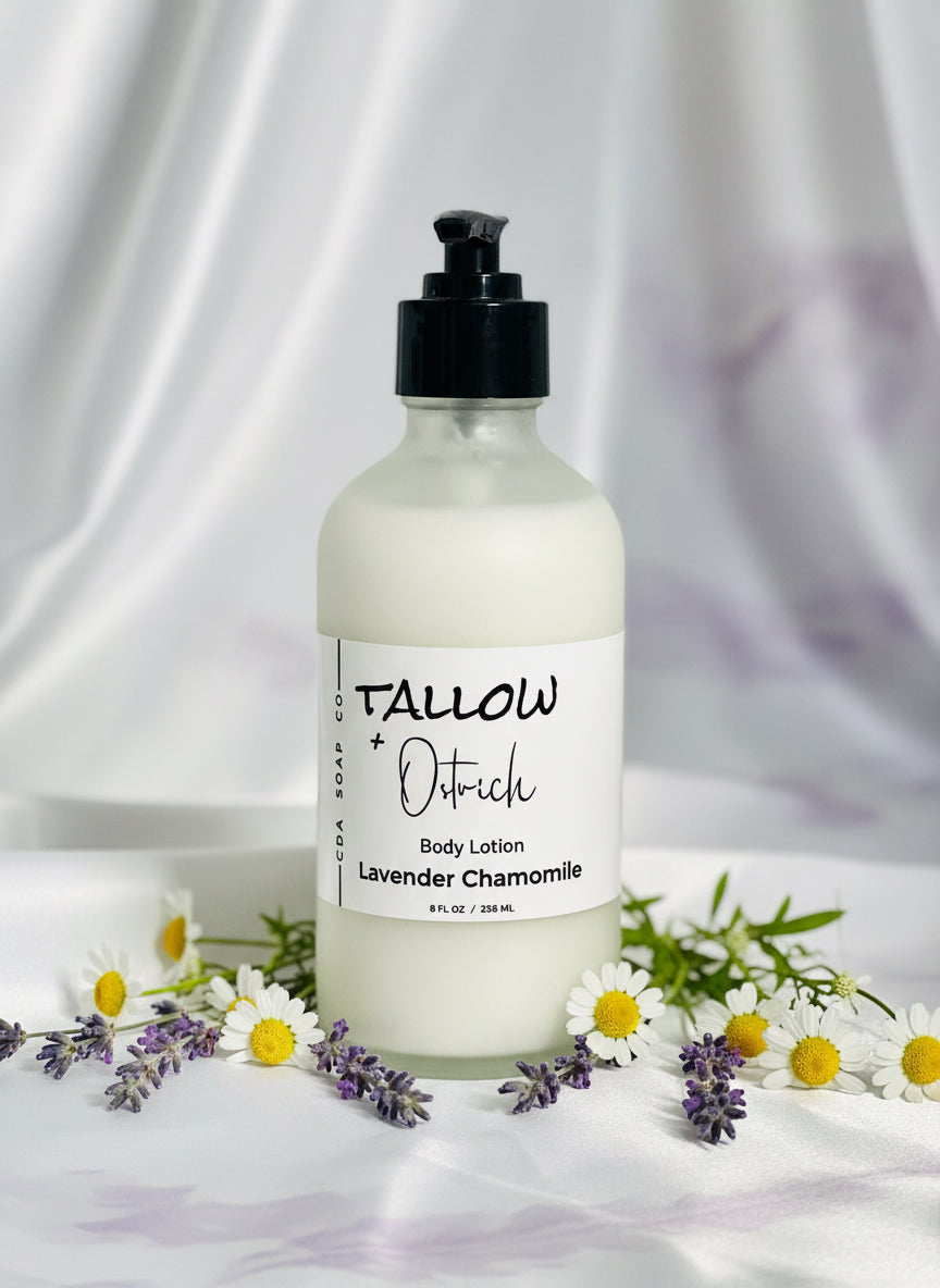 Body lotion bottle with lavender chamomile scent on a white fabric background