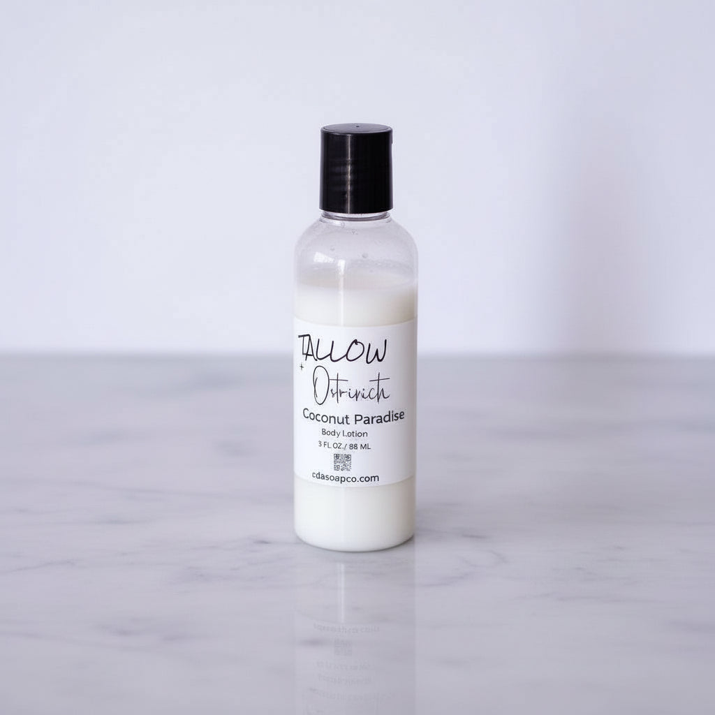 small bottle of coconut paradise lotion neutral background