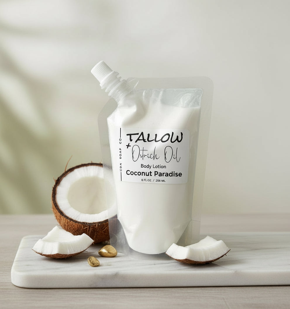 Body lotion pouch with coconut  on a neutral background