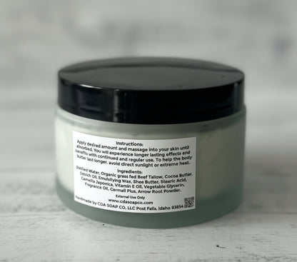 Jar of cream with a label on a gray background