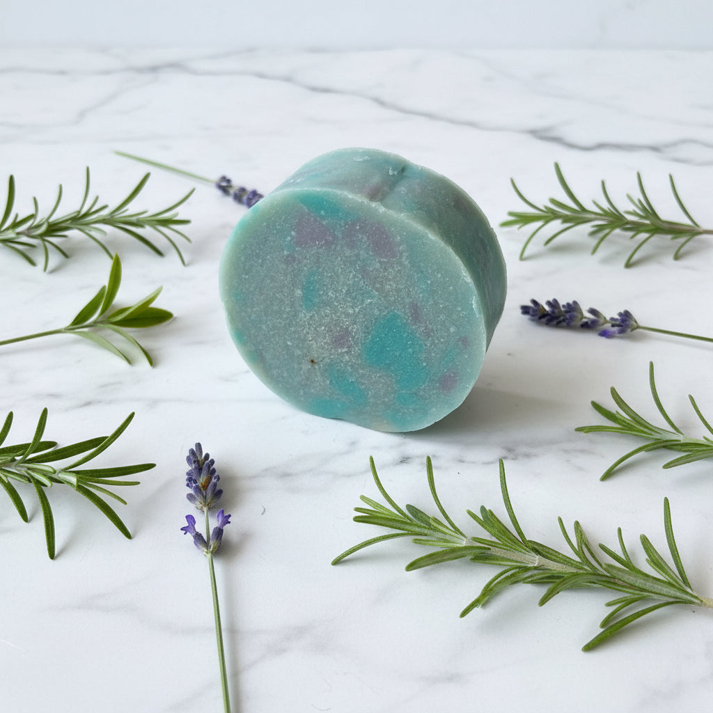 Blue-green bath bomb with lavender and rosemary on a marble surface