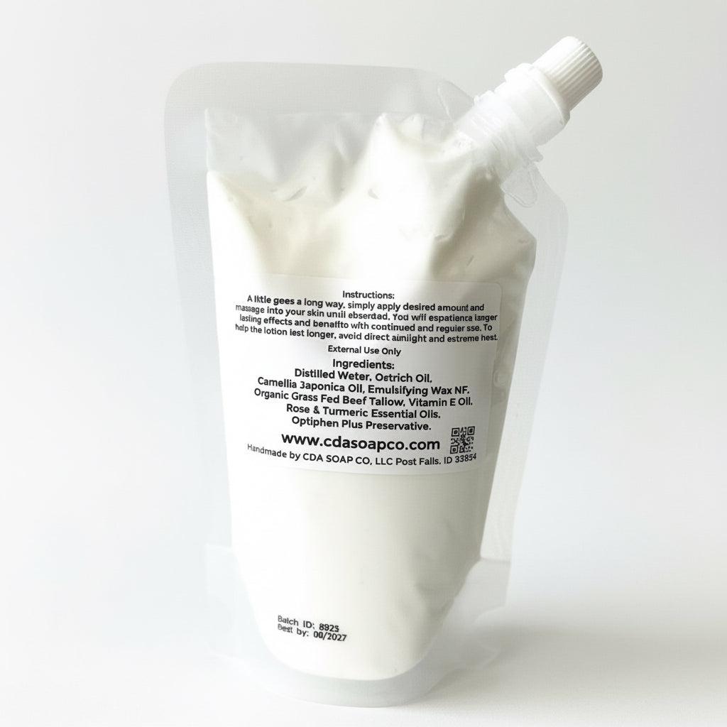 White lotion pouch with text on a gray background
