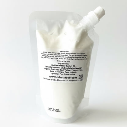 White lotion pouch with text on a gray background