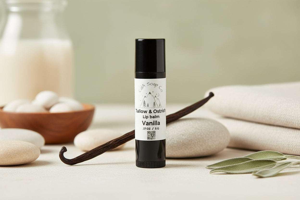 Black plastic lip balm tube with white label that reads CdA soap co. With a mountain logo. Tallow and Ostrich lip balm. Vanilla 5g background has stones, linens and vanilla bean accents 