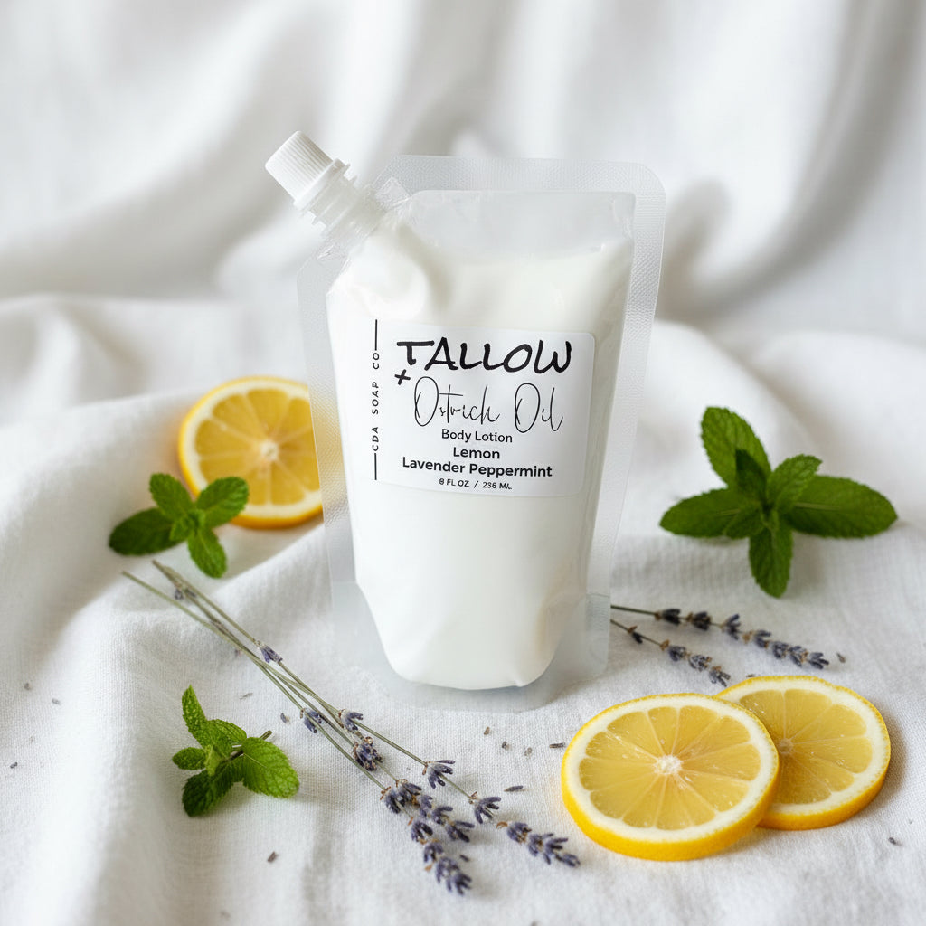 Tallow & Ostrich Oil lotion in a pouch with lemon slices and mint leaves on a white fabric background
