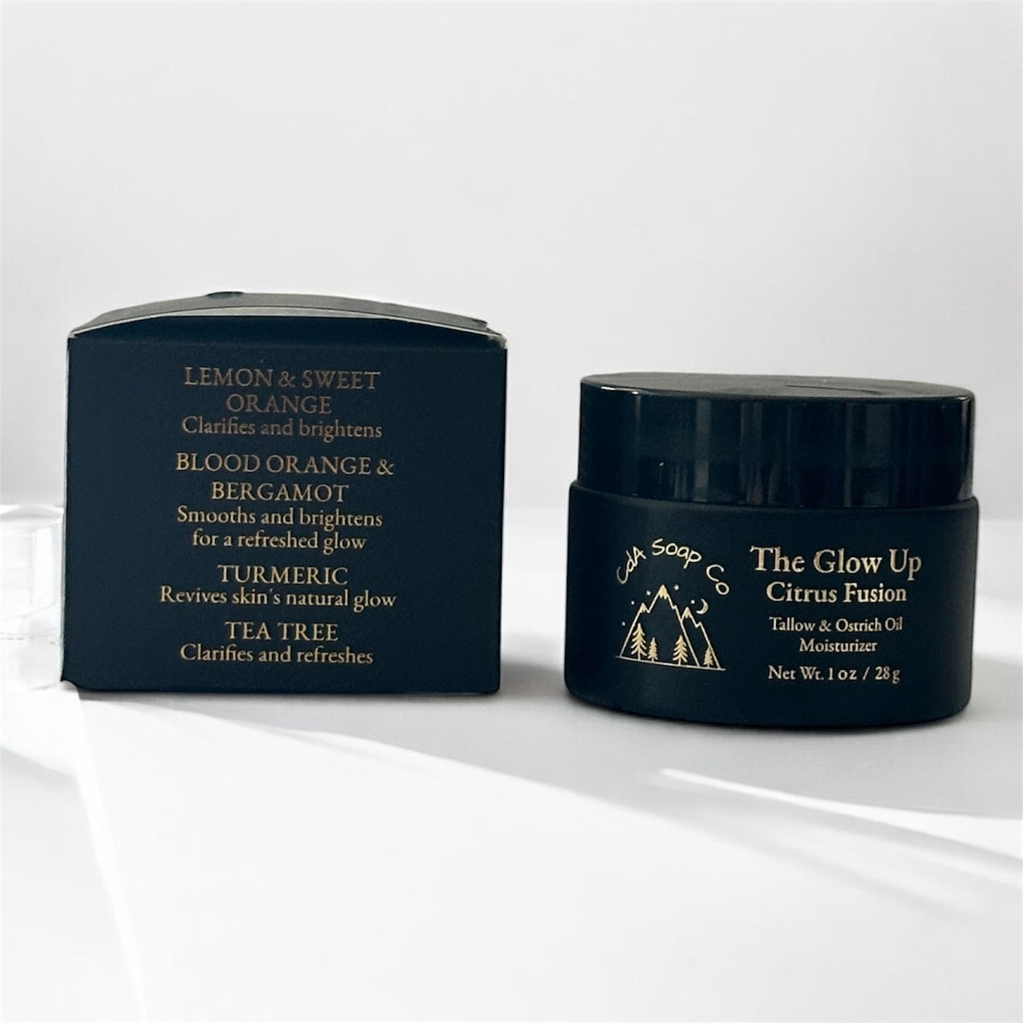 Black Cosmetic jar and packaging with text on a white background