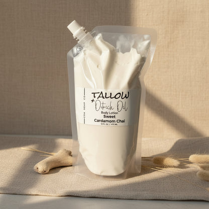 Body lotion packaging with 'Tallow & Ostrich oil' branding on a neutral background
