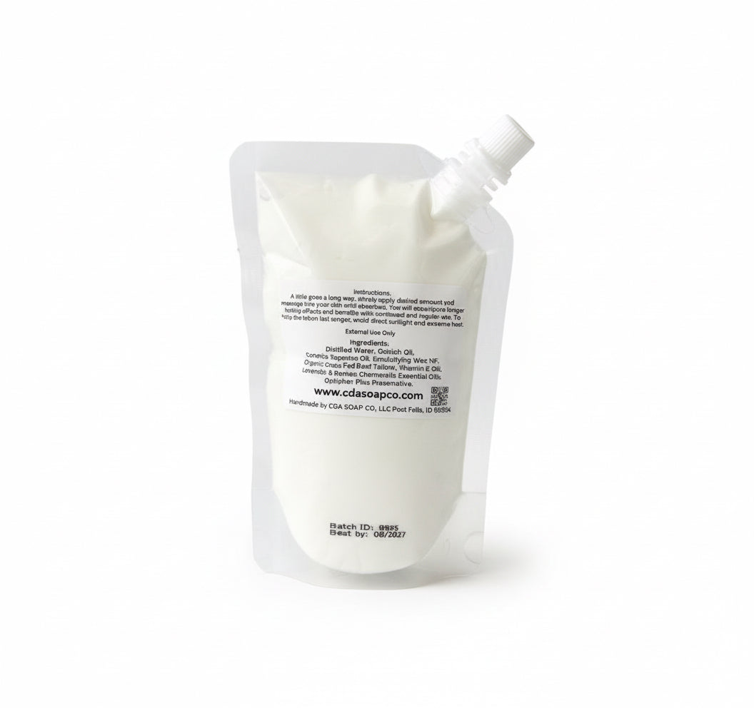 White lotion refill pouch with text on a white background