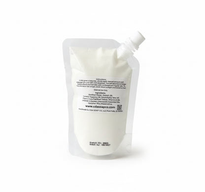 White lotion refill pouch with text on a white background