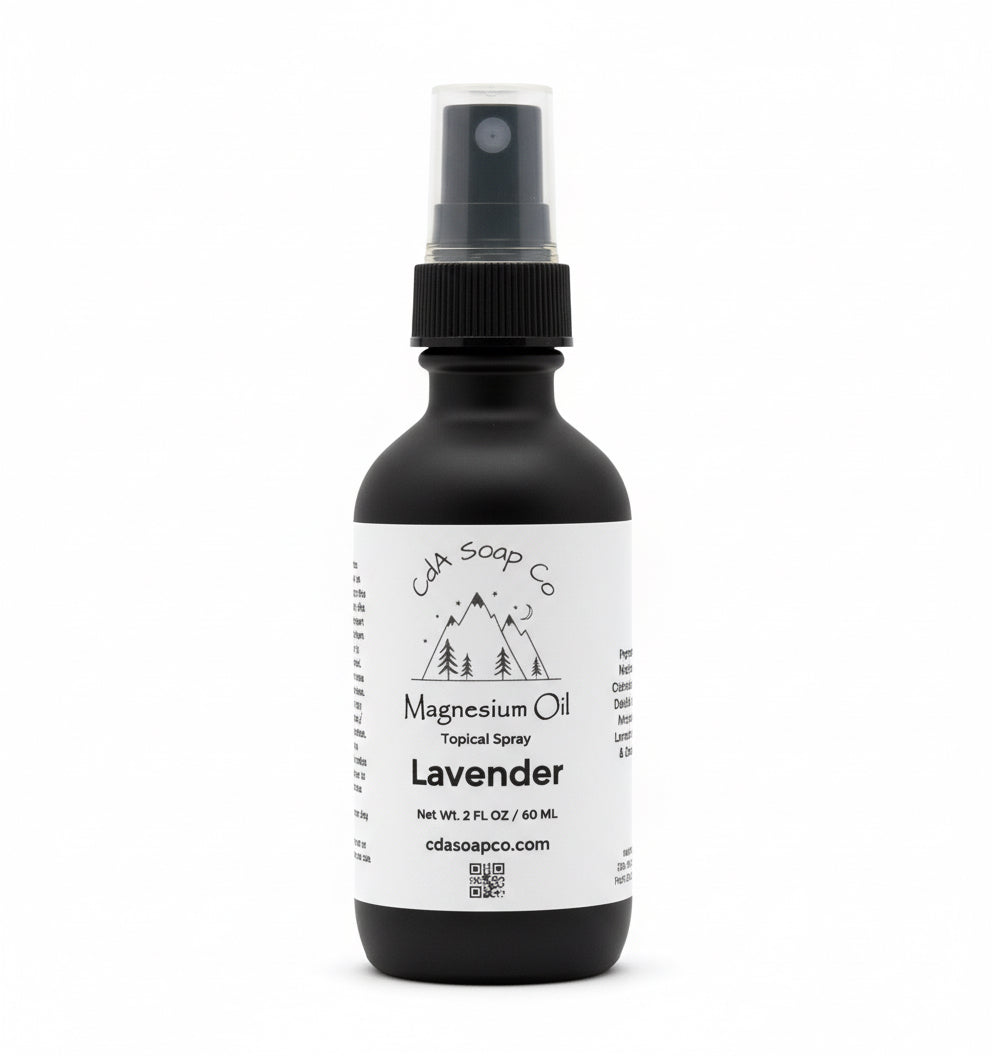 Black magnesium oil spray bottle with a white label that says lavender on a white background