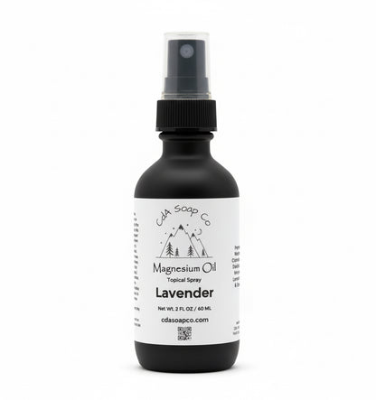 Black magnesium oil spray bottle with a white label that says lavender on a white background
