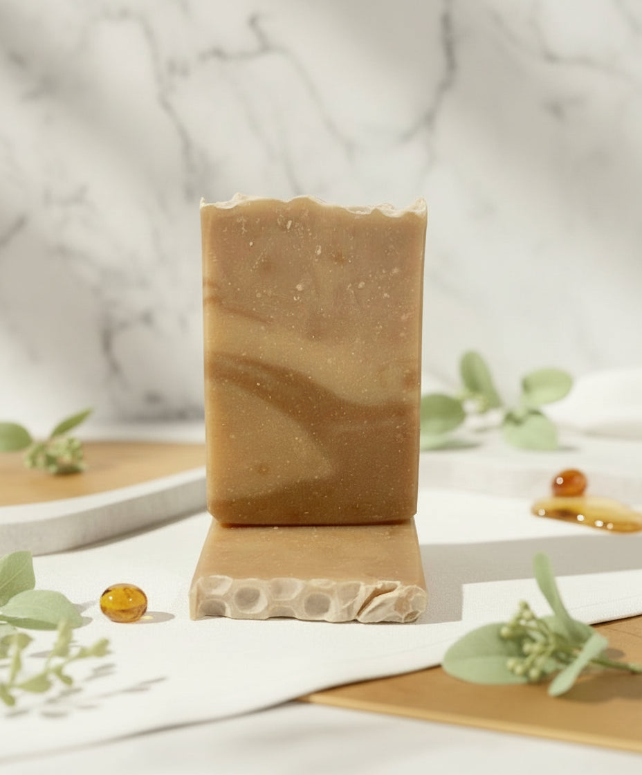 Bar of soap on a wooden stand with a blurred background