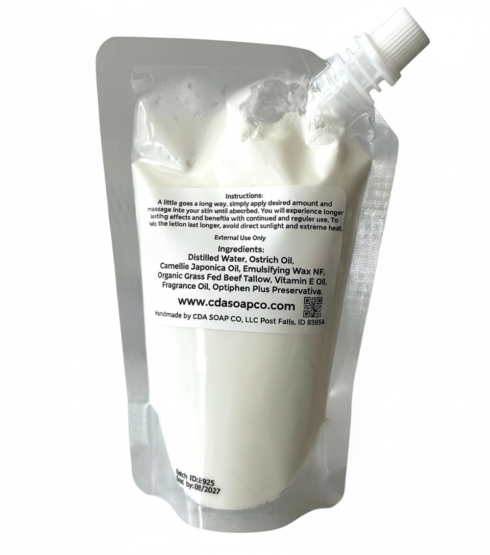White lotion packaging with text on a white background