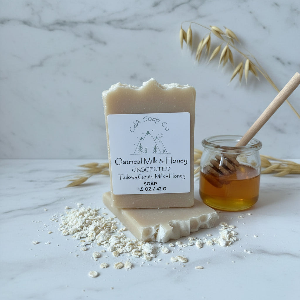Bar of soap with a jar of honey and oats on a wooden surface, featuring 'Oatmeal Milk & Honey' branding.