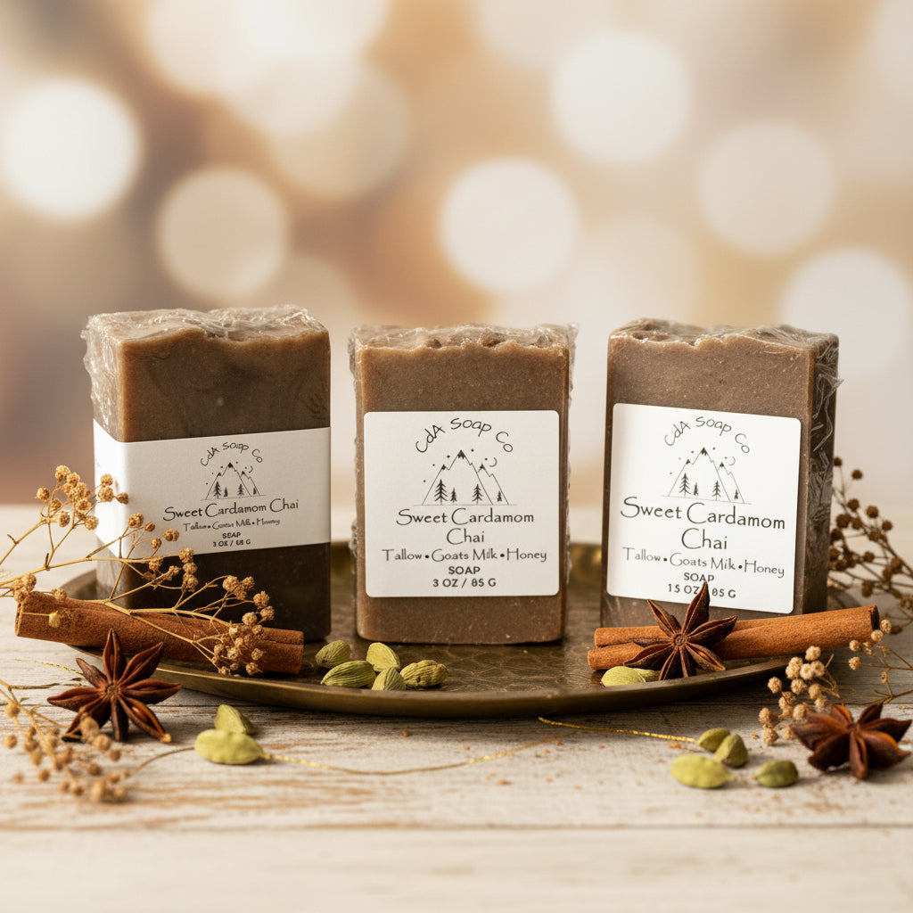 Three bars of Sweet Cardamom Chai soap on a decorative tray with spices and herbs.