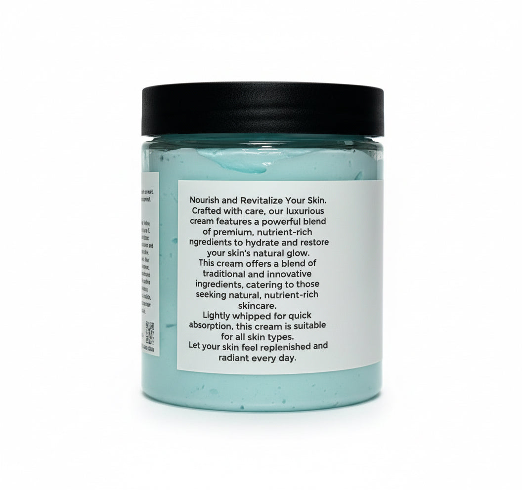 Jar of cream with a black lid and white label on a white background