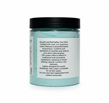 Jar of cream with a black lid and white label on a white background