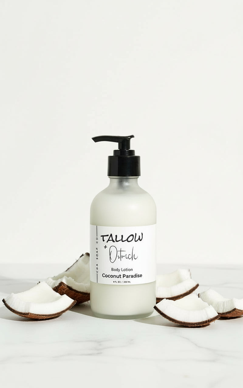 Body lotion bottle with pump and coconut pieces on a white background