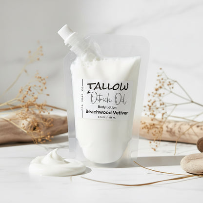 Tallow body lotion with branding and product details on a neutral background