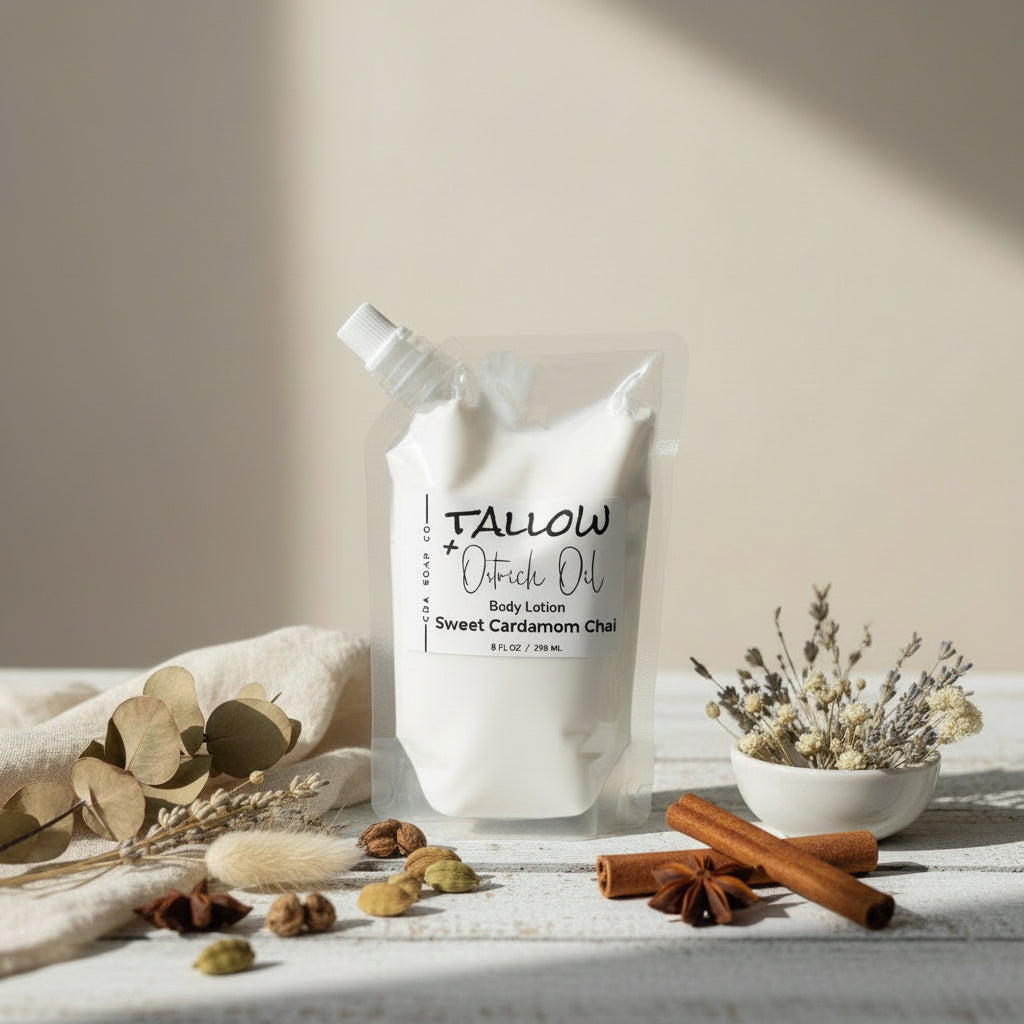 Tallow & Ostrich Oil body lotion in a plastic pouch on a table with dried leaves, cinnamon sticks, and a bowl of flowers.