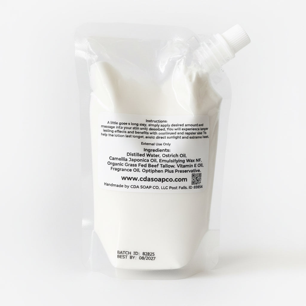 Plastic pouch packaging with a label on a white background