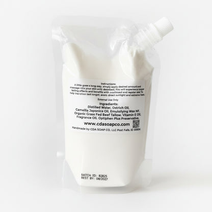 Plastic pouch packaging with a label on a white background