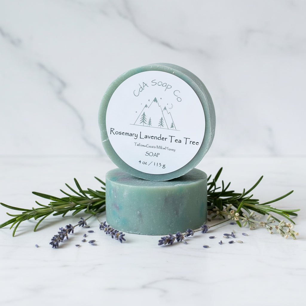 Two bars of soap with a visible brand label on a white background with lavender and rosemary.