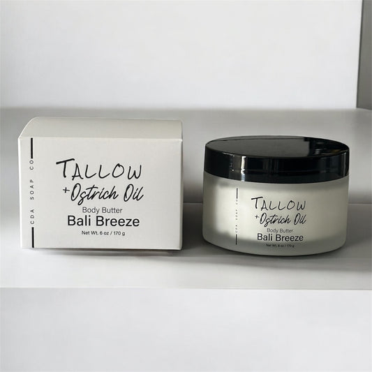 Bali breeze Body butter jar and packaging with 'Tallow + Ostrich Oil' branding on a white background