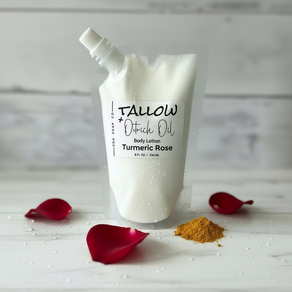 Body lotion pouch with 'Tallow + Ostrich Oil' branding on a wooden surface with turmeric and rose petals.