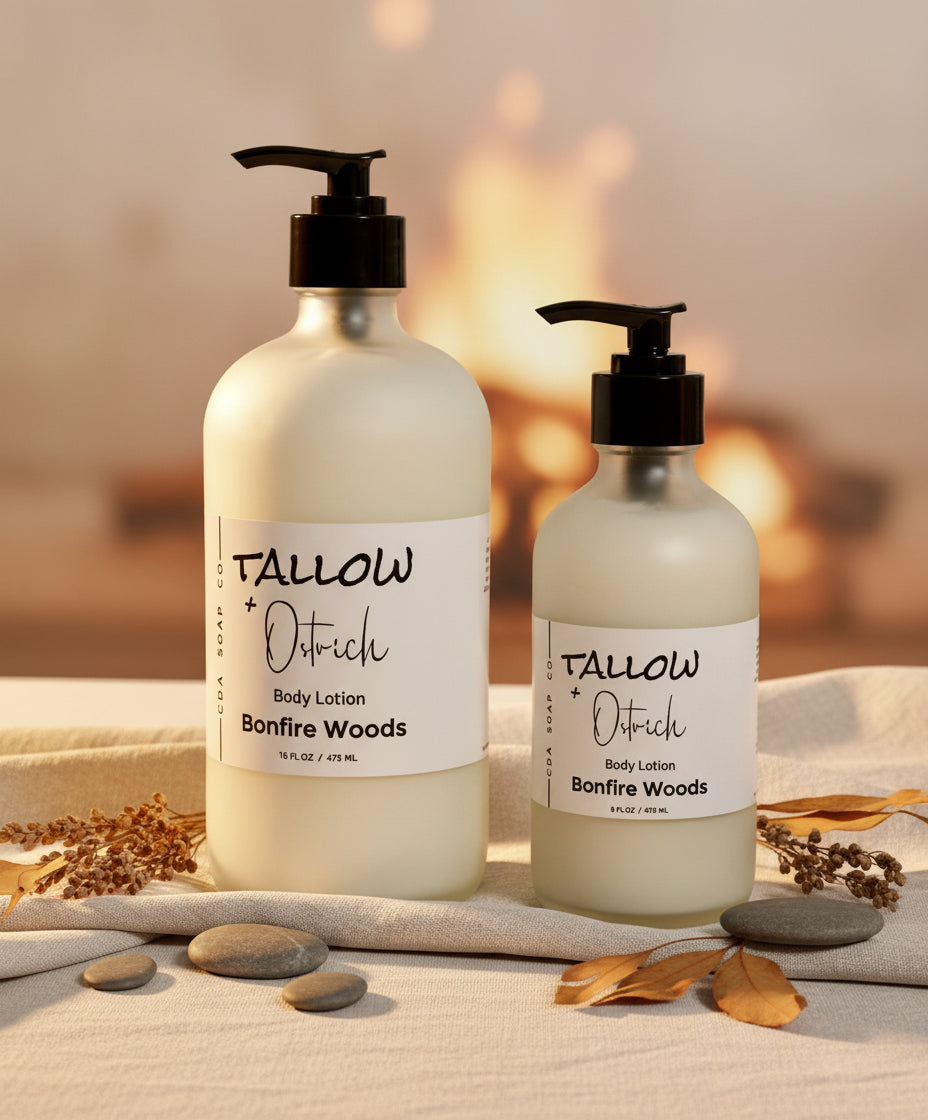 Two bottles of Bonfire Woods Tallow & Ostrich body lotion on a neutral background with decorative elements.