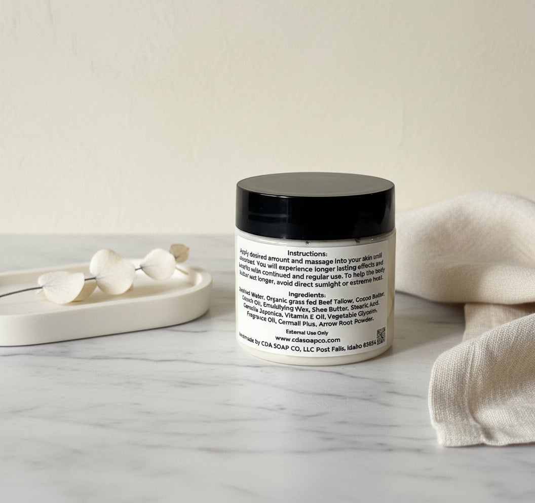 small tallow butter jar white back ground with props