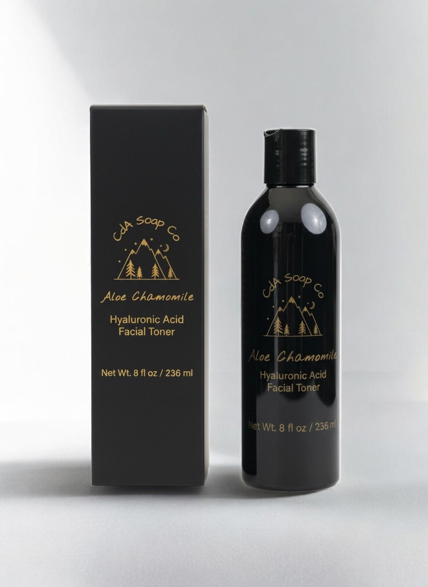 Black bottle and packaging of CdA soap co Aloe chamomile toner , on a white background